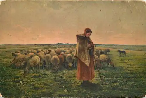 Postcard painting Paris La gardeuse de moutons Millet