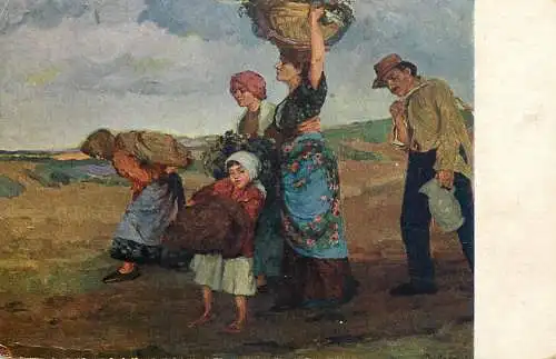 Postcard painting Voros Hazafele Heimwarts retour