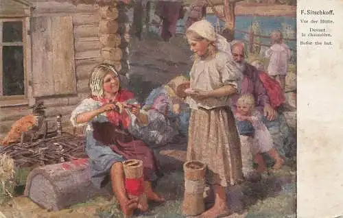 Postcard painting F. Sitschkoff before the hunt