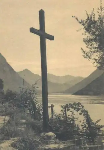 Postcard Europe Switzerland place to identify mountain lake and Christ cross