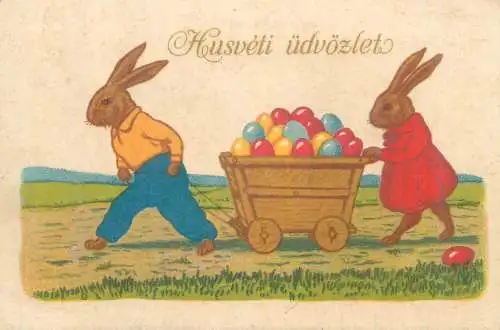 Postcard greetings card Easter Husveti udvozlet humanizes rabbit egg cart