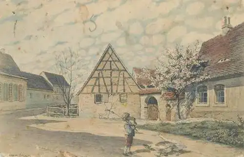 Postcard greetings card paintings child playing with goose in village street