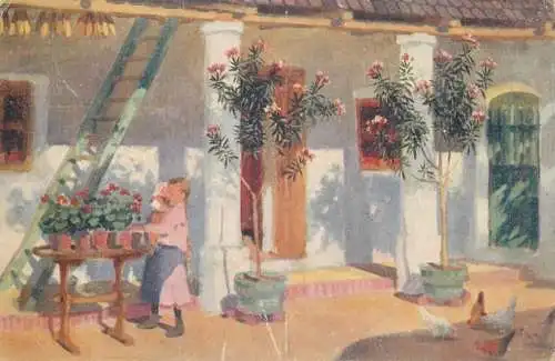Postcard greetings card painting Pap Blumenhof La cour en Theurs