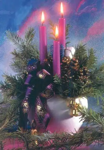 Postcard greetings card Christmas scene candle and vase