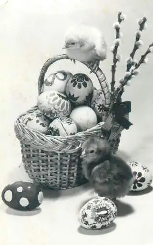 Postcard holiday greetings Easter scene egg basket