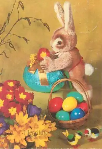 Postcard holiday greetings Easter bunny eggs and flowers