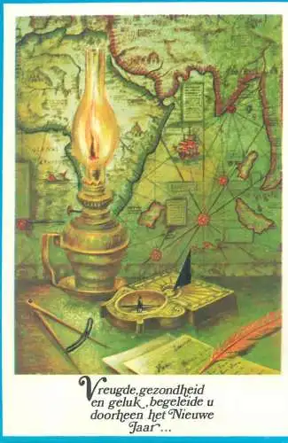 Postcard holiday greetings Gelukkig Nieuwjaar candle and map