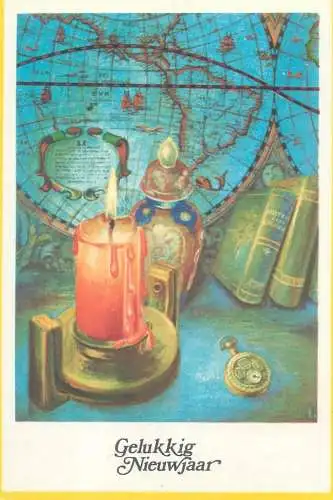 Postcard holiday greetings Gelukkig Nieuwjaar candle and books