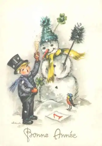 Postcard holiday greetings Belgium Bonne Annee snowman