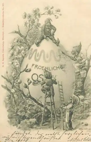 Easter greetings 1901 postcard dwarfs gnomes pencils huge egg nains Kunstlerpostkarte Froehliche Ostern Wilh. Wittmann