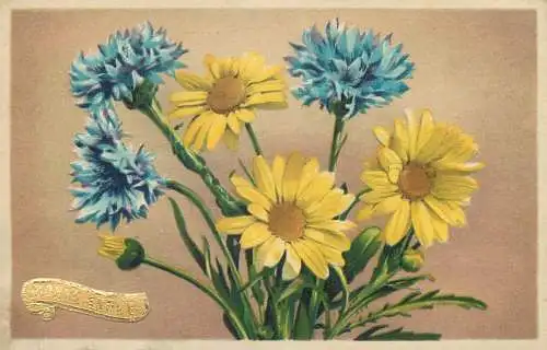 Bonne Annee fleurs daisy flowers greetings postcard