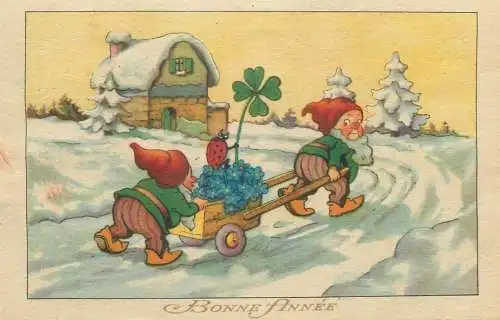 Bonne Annee nains ladybug luck shamrock greetings postcard