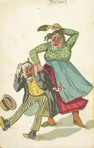 Comic domestic dispute man & wife caricature vintage postcard