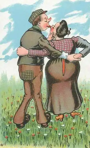 Comic drawn couple lovers kiss caricature vintage pictorial card