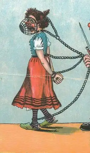 Ugly wife in chains & barnacle caricature misoginism humour vintage pictorial card