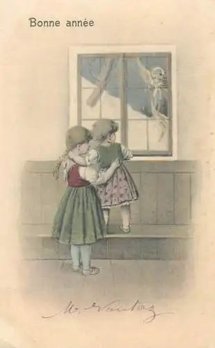 Bonne Annee greetings children and angels fantasy illustration