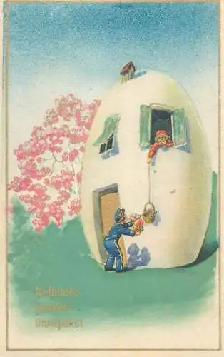 Easter greetings giant egg house fantasy surrealism illustration