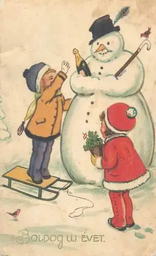 New Year greetings children building a snowman