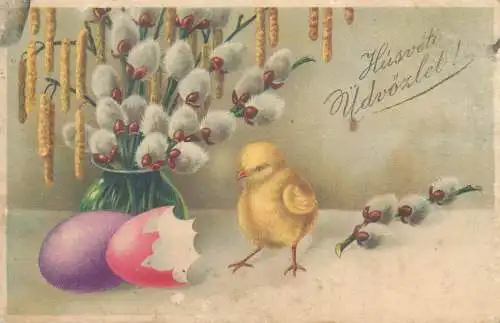 Easter greetings chicken poultry painted egg blossom willow branch arrangement