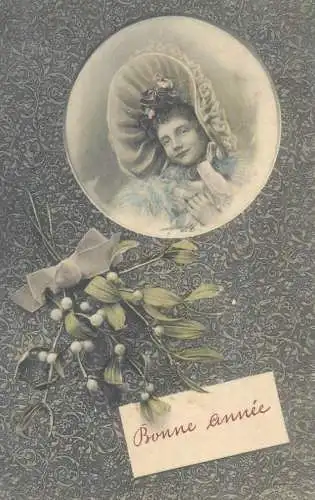 Bonne Annee greetings mistletoe & beautiful lady portrait