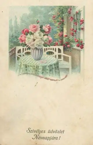 Name Day greetings colourful roses vase arrangement