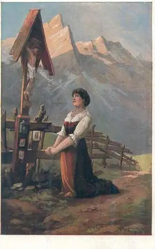Postcard Paintings Illustrators religious scene woman praying in front of shrine