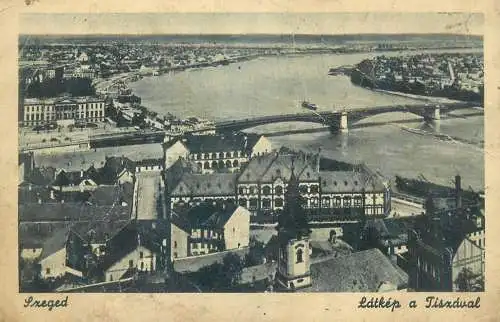 Postcard Hungary Szeged latkep a Tiszaval