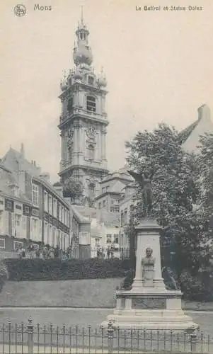 Postcard Belgium Mons le Beffroi et statue Dolez