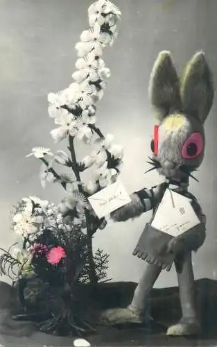 Postcard Easter scene humanized rabbit and envelopes