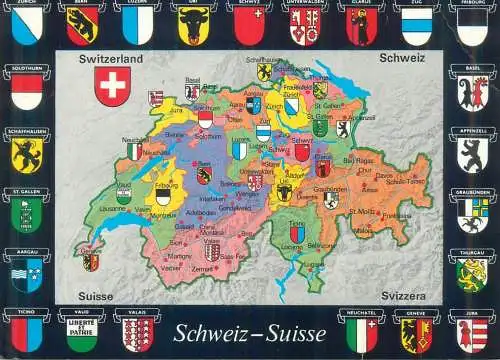Postcard Switzerland map and coat of arms