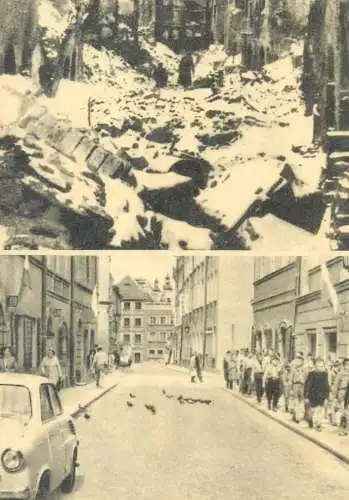 Postcard Poland Piwna street compared to after the war bombed