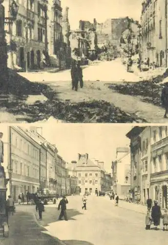 Postcard Poland Freta street compared to after the war bombed