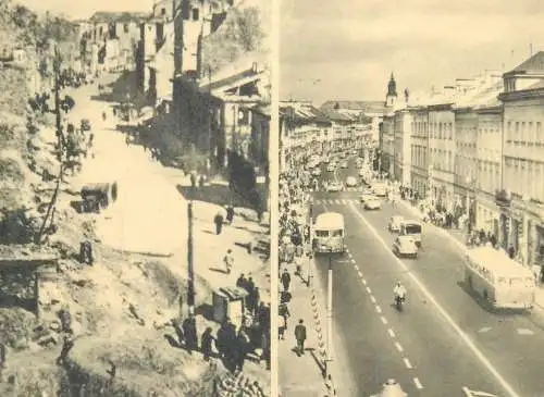 Postcard Poland Warszawa New World street compared to after the war bombed