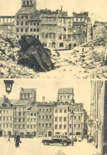 Postcard Poland Warszawa town market place compared to after the war bombed