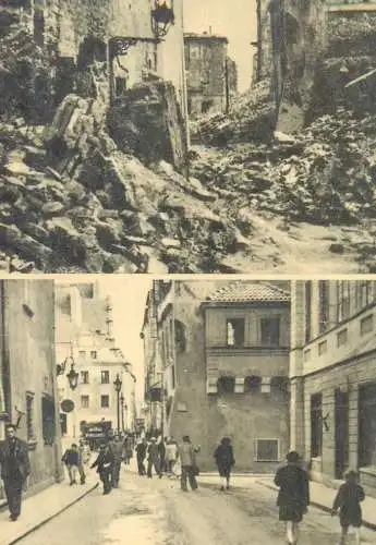 Postcard Poland Warszawa town market place compared to after the war bombed