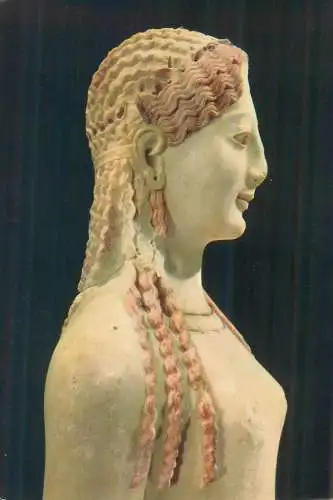 Postcard paintings Greece Athens Acropolis museum archaic Kore statue