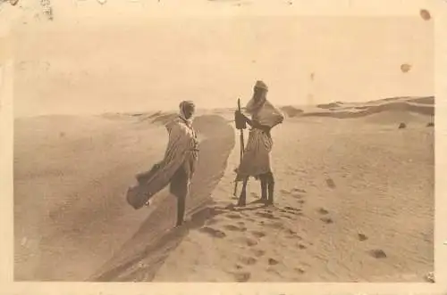 Postcard North Africa dune and bedouins in desert