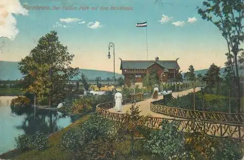 Postcard Germany Warmbrunn der Fullner park mit dem Blockhaus