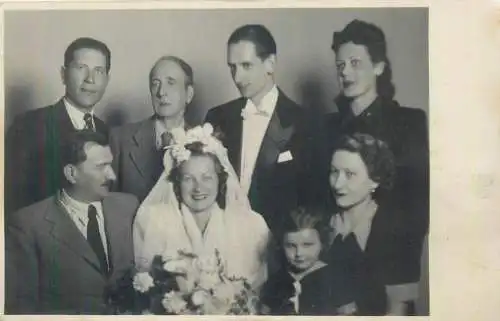 Postcard family social history couple wedding scene