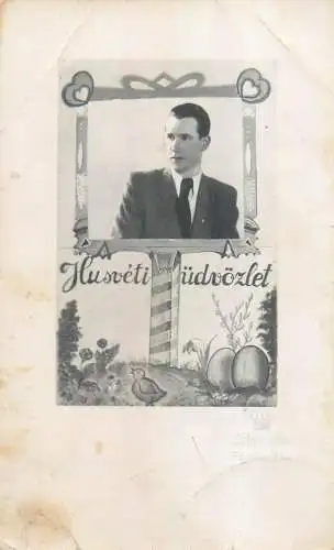 Postcard family social history 1942 Easter Hungary Husveti udvozlet eggs elegant man