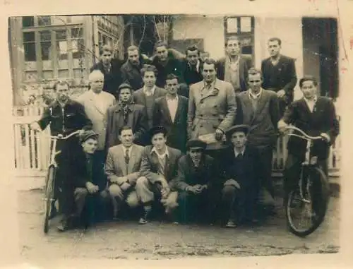 Postcard family social history group photo 1950 bicycle