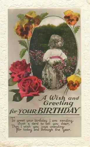Postcard greetings card UK birthday child and flowers