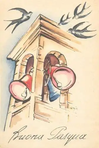 Postcard greetings card Easter Buona Pasqua bells