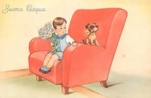 Postcard greetings card Easter scene Buona Pasqua boy and dog