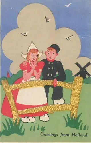 Postcard greetings card Netherlands  drawing couple wooden shoes