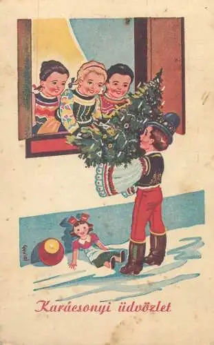 Postcard greetings card  Christmas scene and children Hungary