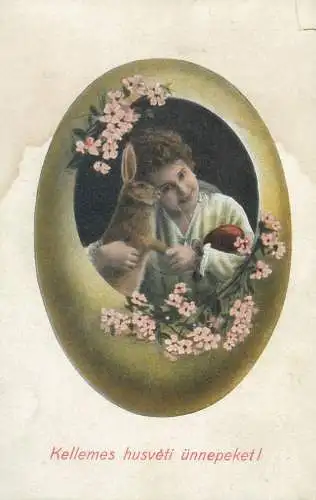 Postcard greetings card children girl with Easter rabbit and eggs
