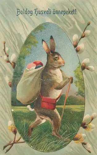 Postcard greetings card Easter humanized rabbit and eggs Hungary 1912