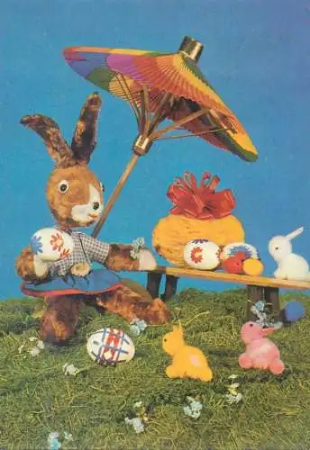 Postcard Czech Republic Easter eggs scene humanized rabbit doll
