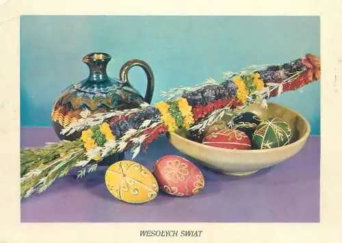 Postcard Poland Wesolych Swiat Easter eggs porcelain